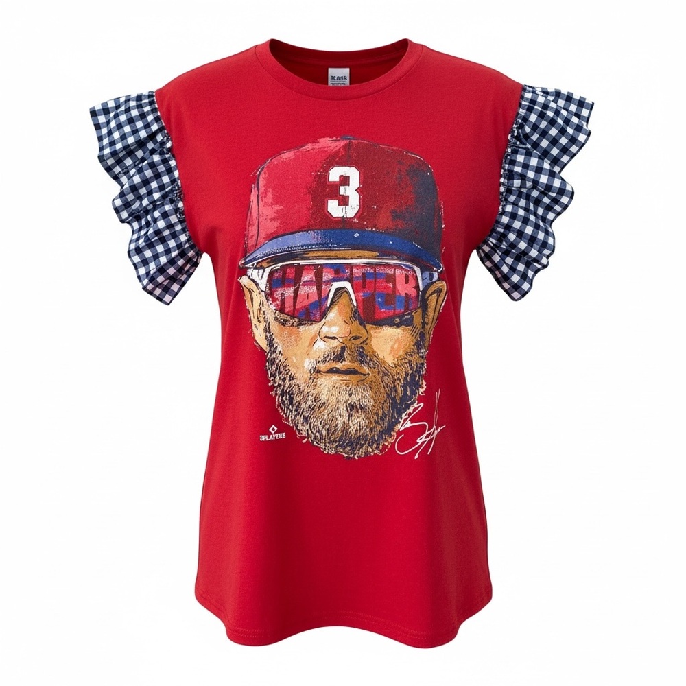 Bryce Harper Phillies MLB Tee with Blue and White Gingham Plaid Ruffle Sleeves
